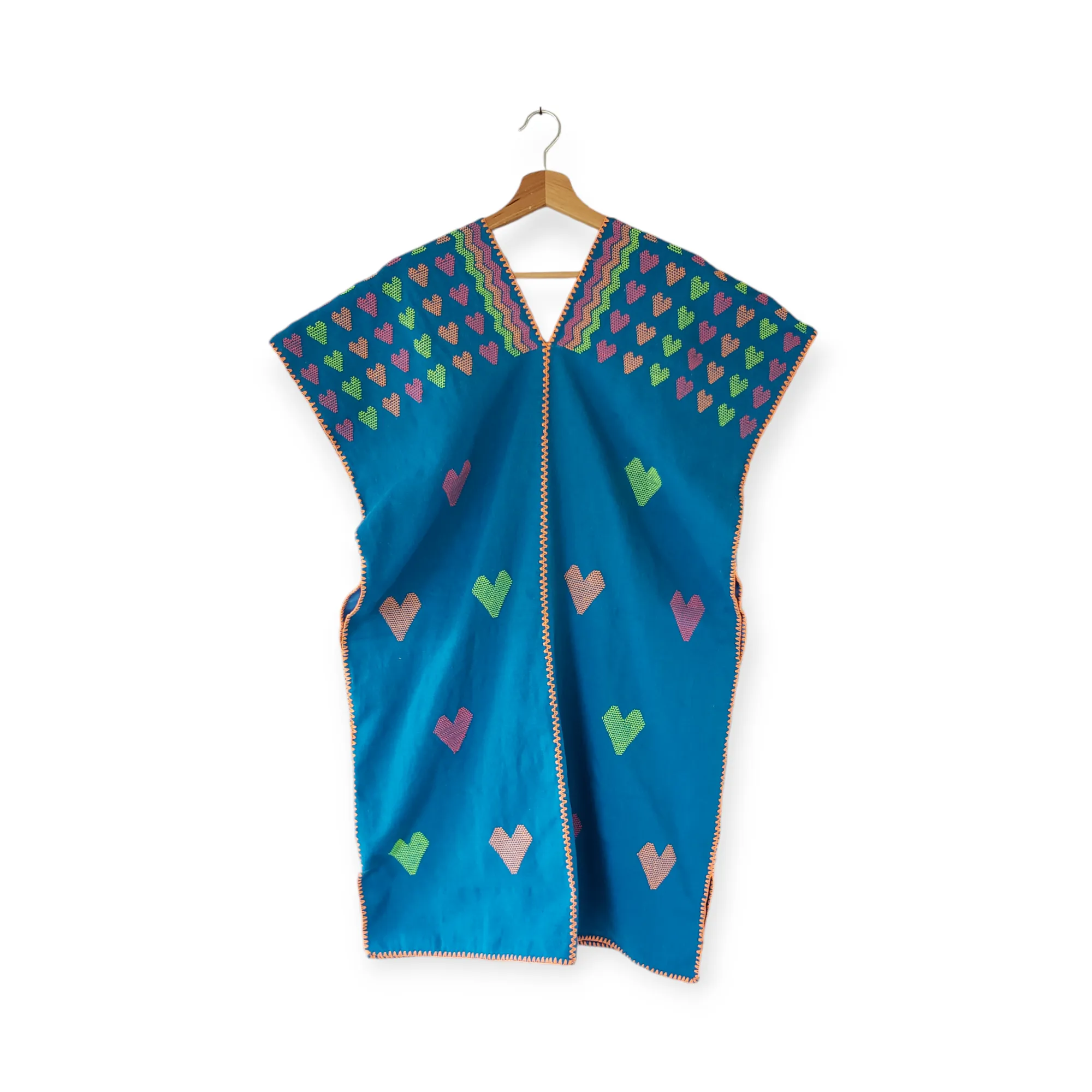 San Juan Colorado Huipil Tunic Dress - Blue / Pink Hearts