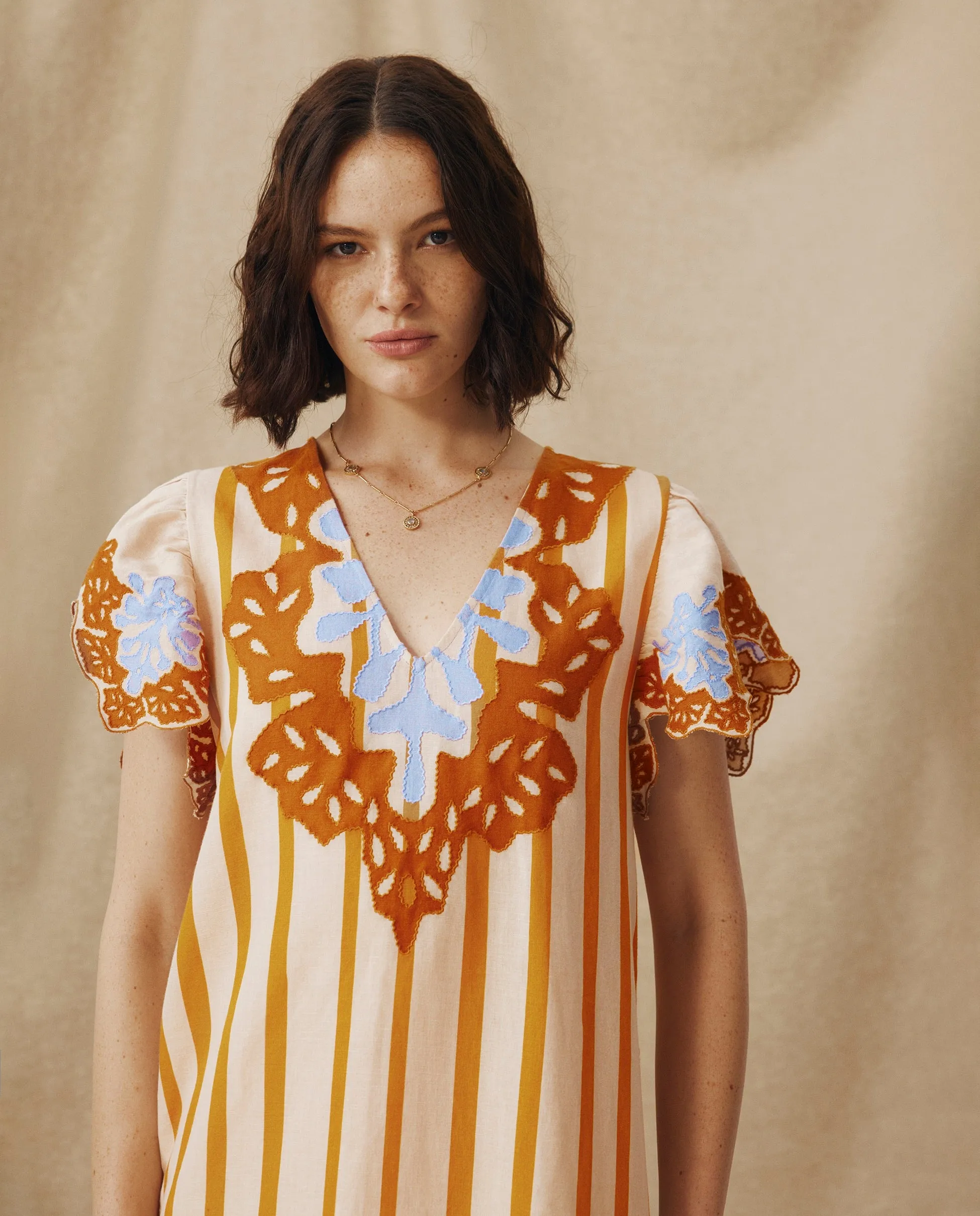 SANDHIKA | Ochre Yellow Multi Embroidered Linen-Cotton Tunic