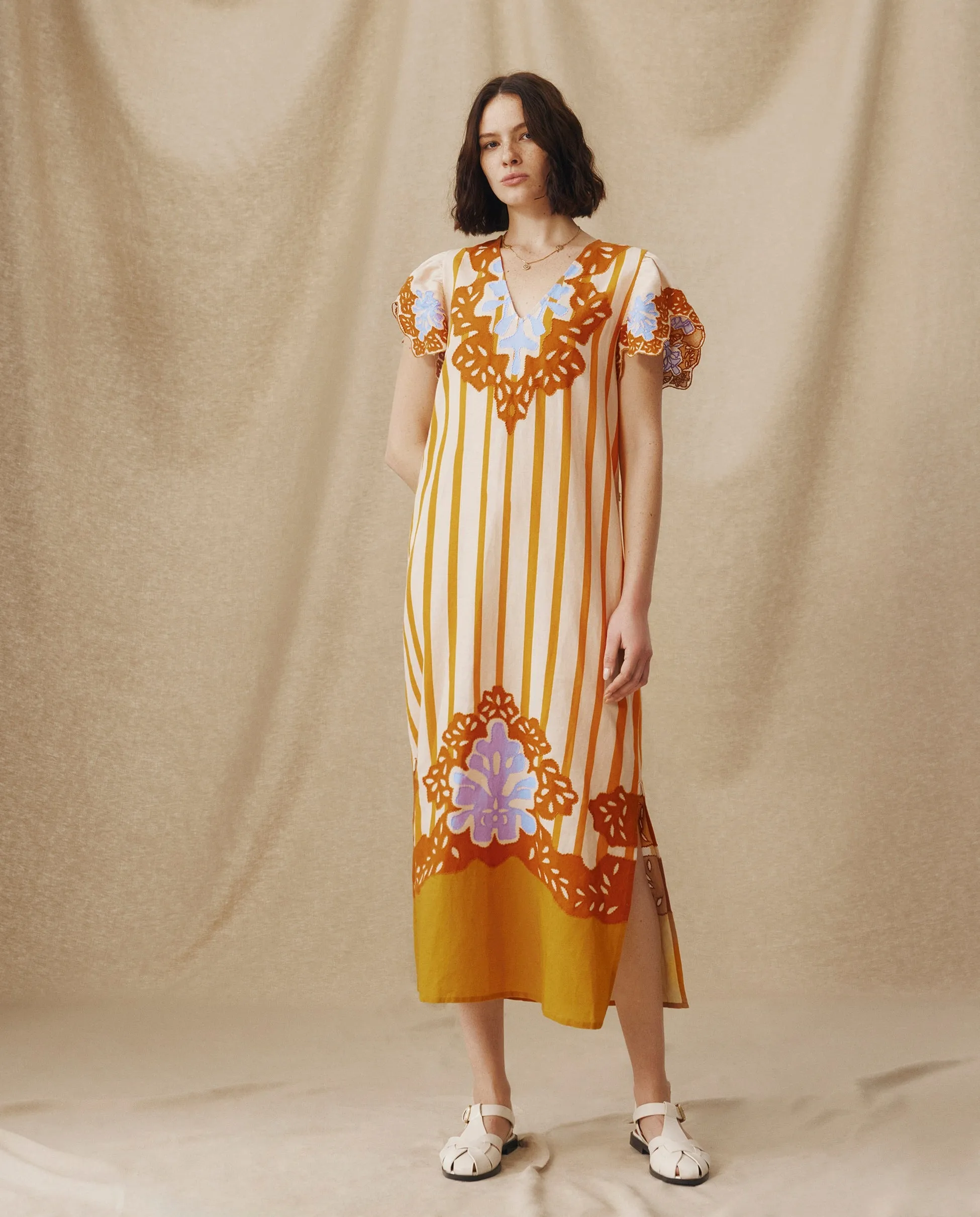 SANDHIKA | Ochre Yellow Multi Embroidered Linen-Cotton Tunic