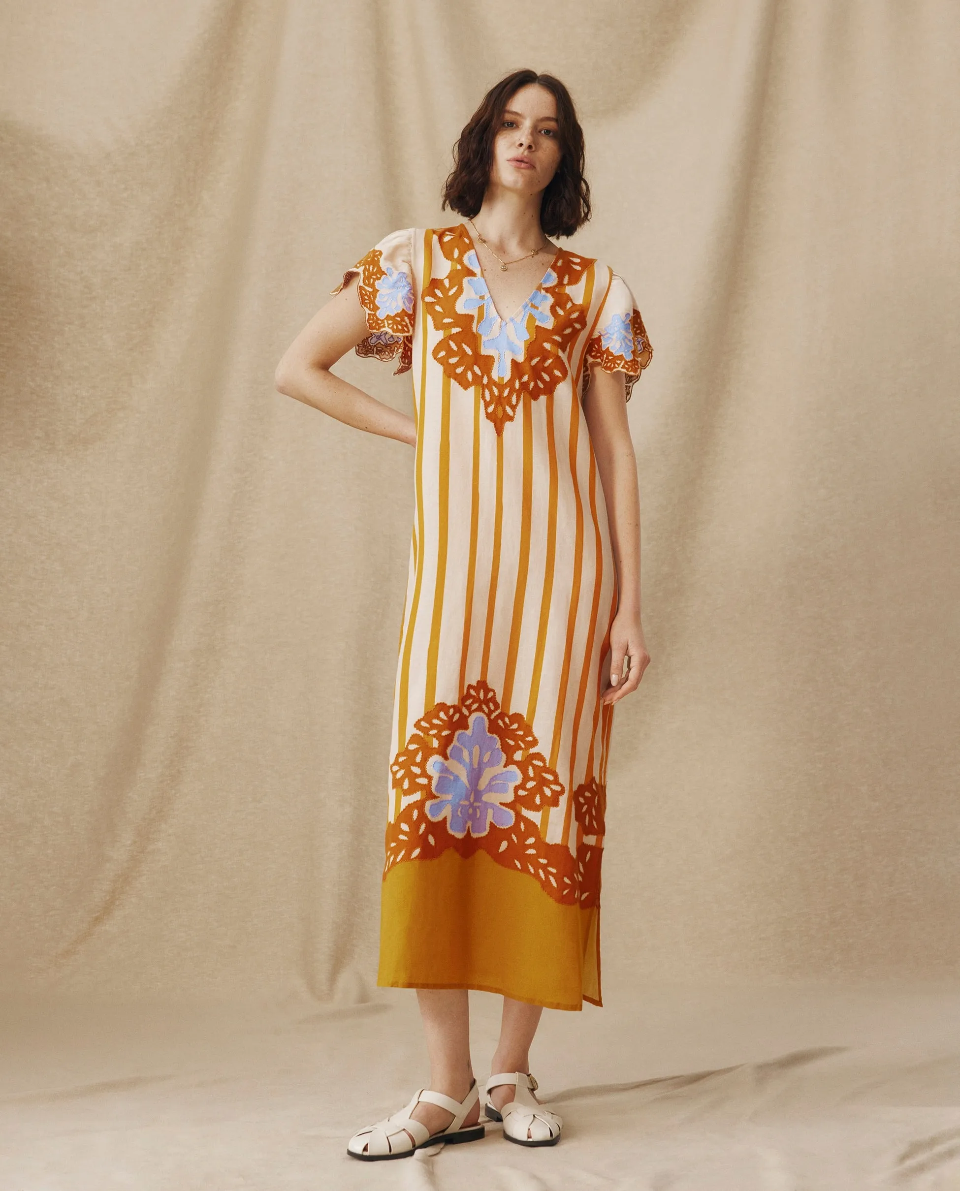 SANDHIKA | Ochre Yellow Multi Embroidered Linen-Cotton Tunic