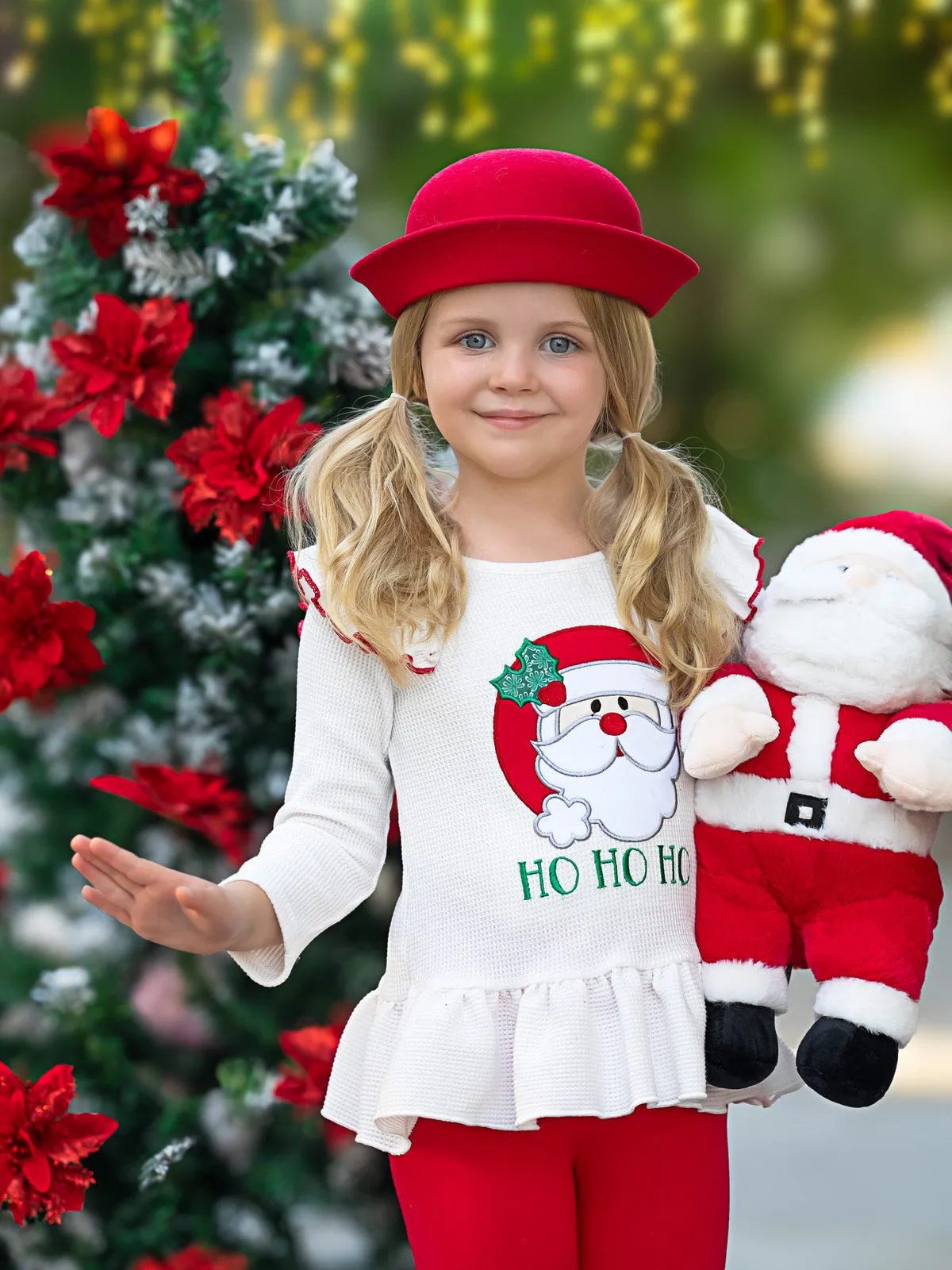 Santa Embroidered Ruffle Top and Legging Christmas Set