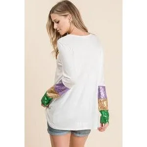 Sassy Sequin Sleeved Mardi Gras Top