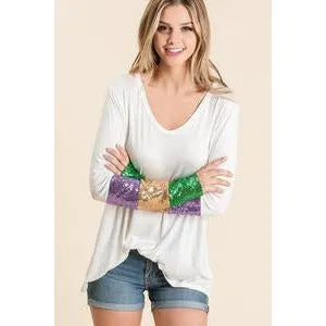 Sassy Sequin Sleeved Mardi Gras Top