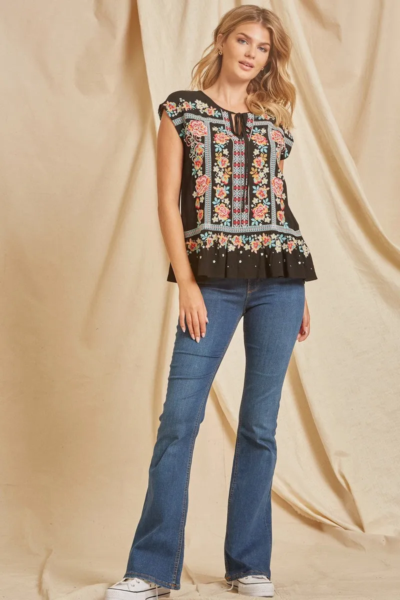 Savanna Jane Black with Floral Embroidery Top