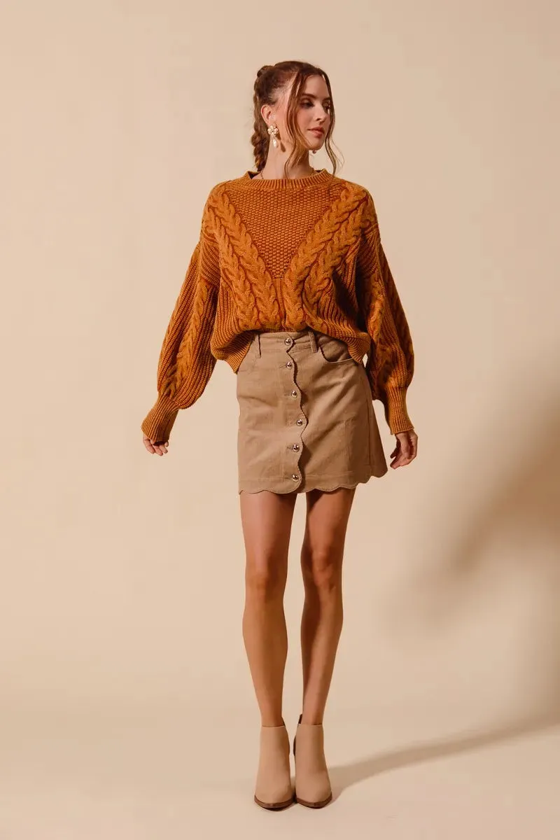 Scallop Buttoned Front Corduroy Mini Skirt For Women – Trendy Fashionable Chic Corduroy Mini Skirt with Unique Scalloped Hem for Any Occasion
