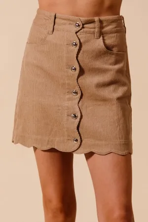 Scallop Buttoned Front Corduroy Mini Skirt For Women – Trendy Fashionable Chic Corduroy Mini Skirt with Unique Scalloped Hem for Any Occasion