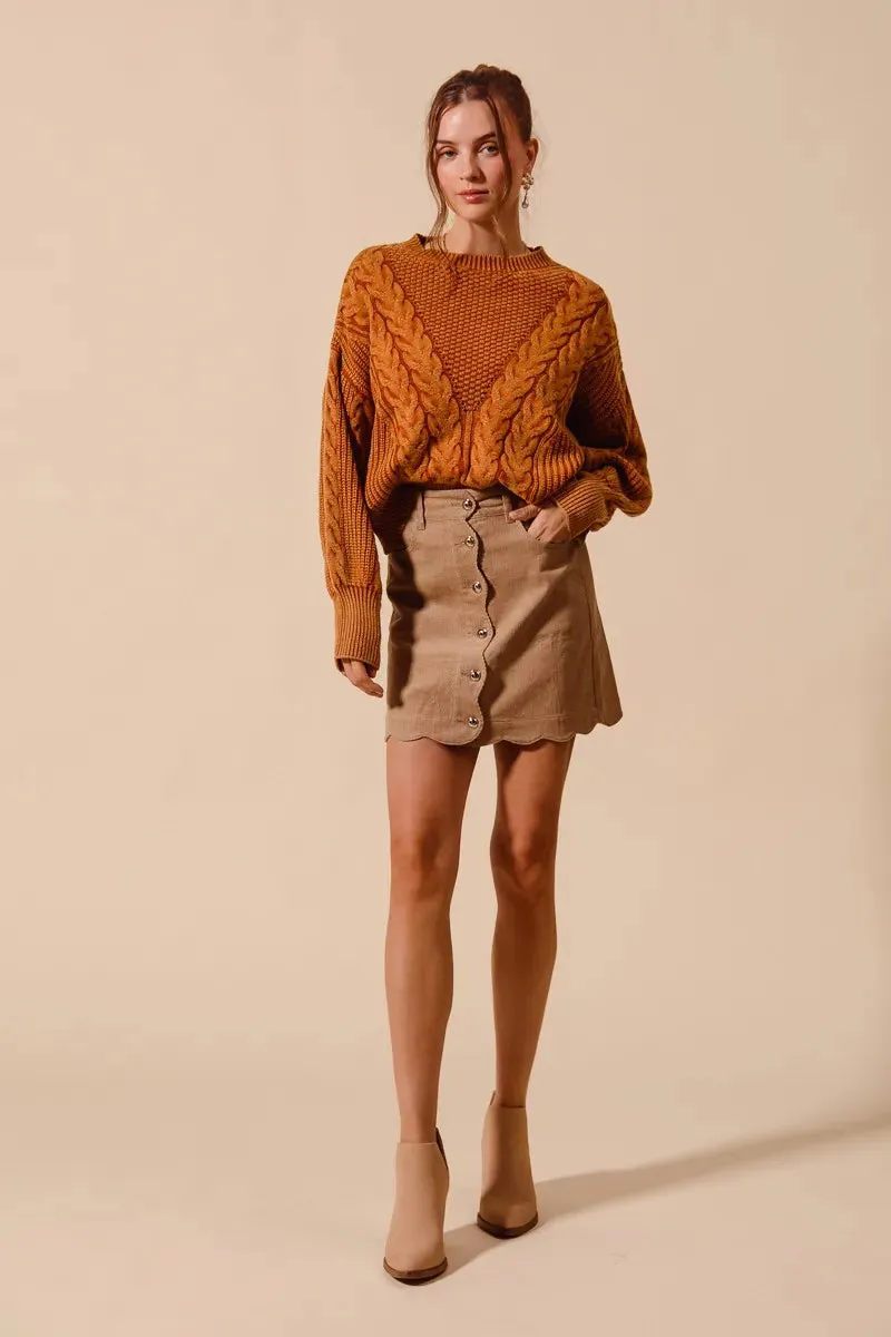 Scallop Buttoned Front Corduroy Mini Skirt For Women – Trendy Fashionable Chic Corduroy Mini Skirt with Unique Scalloped Hem for Any Occasion