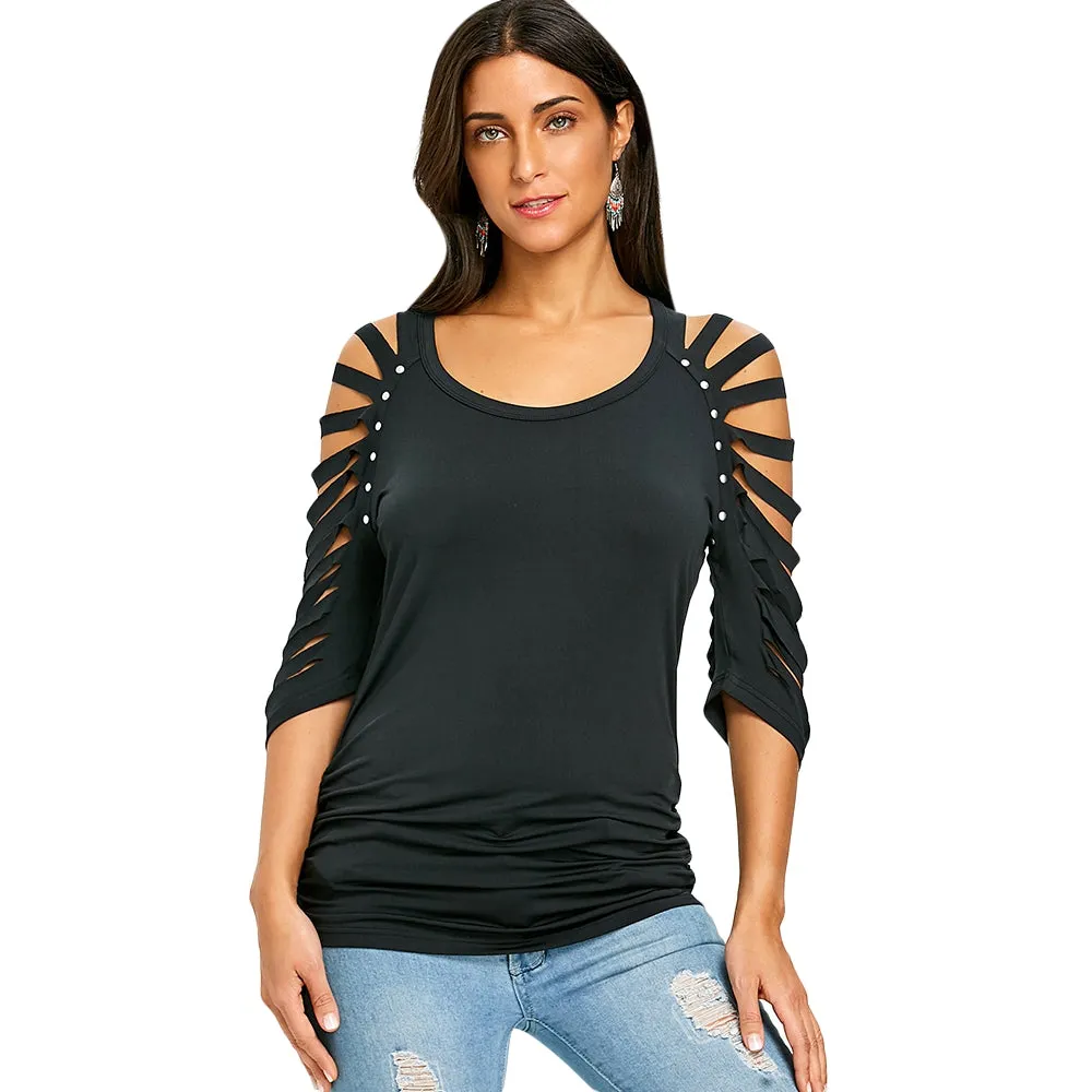 Scoop Neck Ripped Raglan Sleeve T-shirt