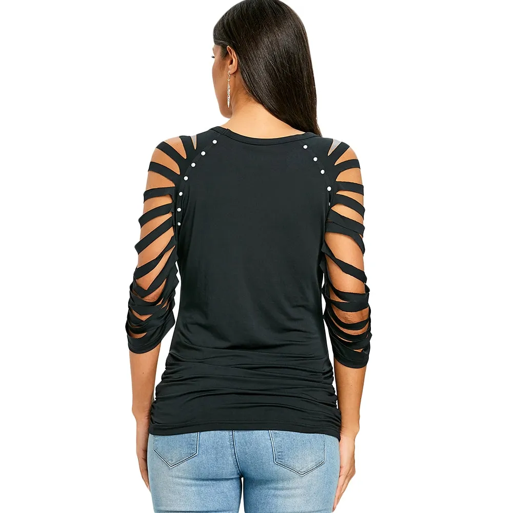 Scoop Neck Ripped Raglan Sleeve T-shirt