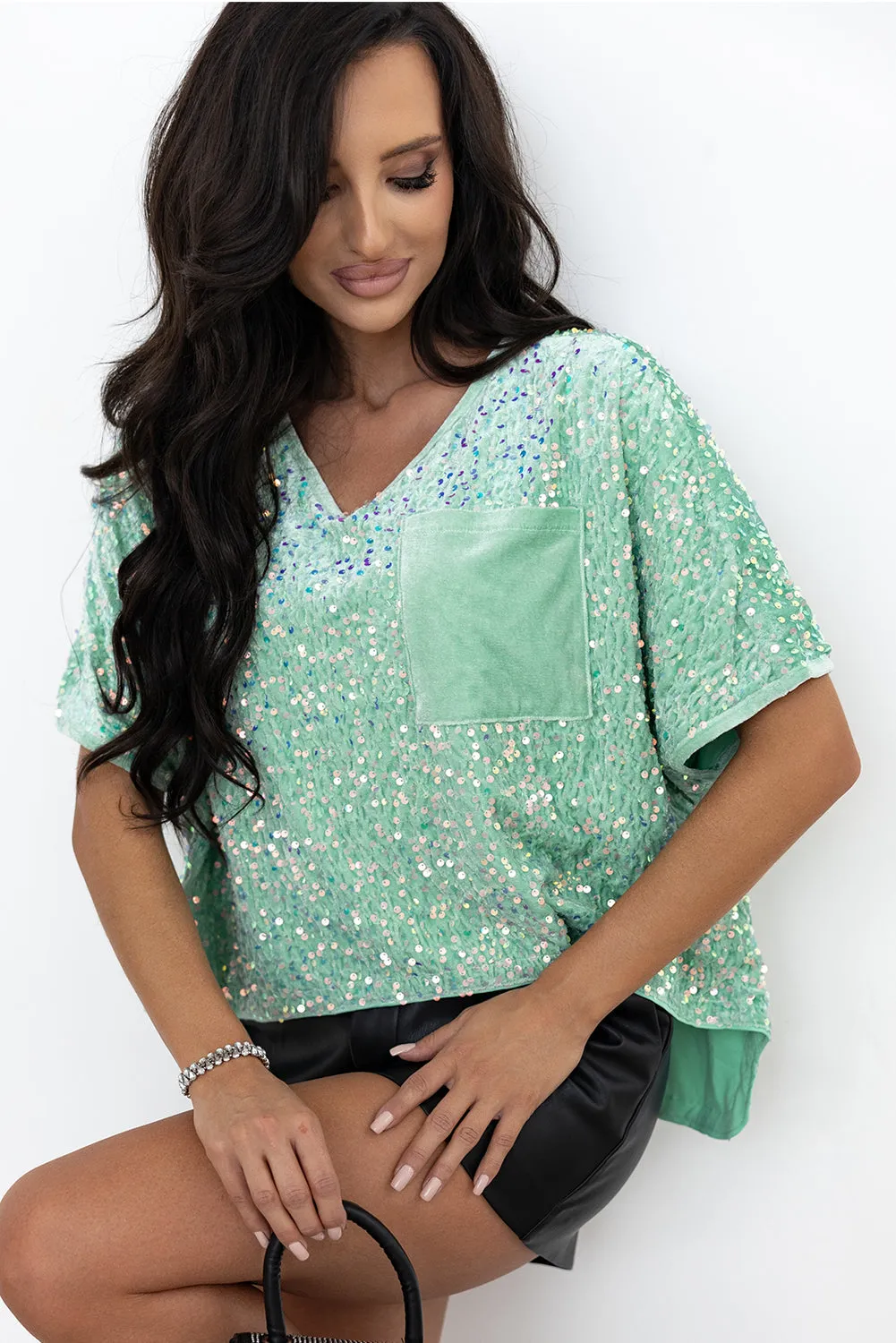 Sequin Batwing Sleeve Velvet Blouse