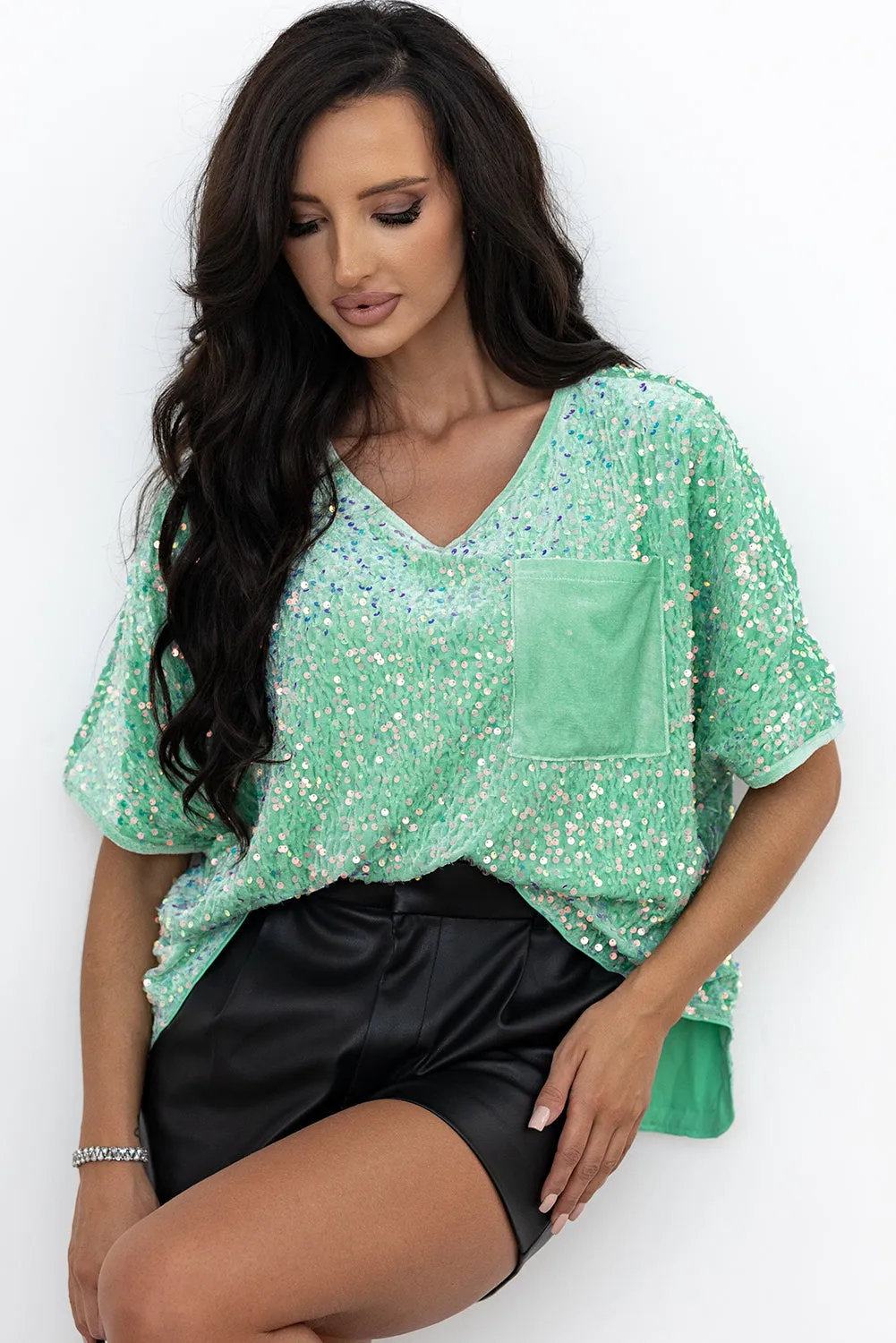 Sequin Batwing Sleeve Velvet Blouse