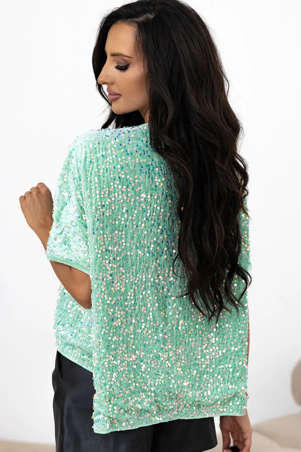 Sequin Batwing Sleeve Velvet Blouse