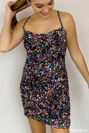 Sequin Homecoming Dresses tight Short Spaghetti Straps Mermaid Prom Dresses