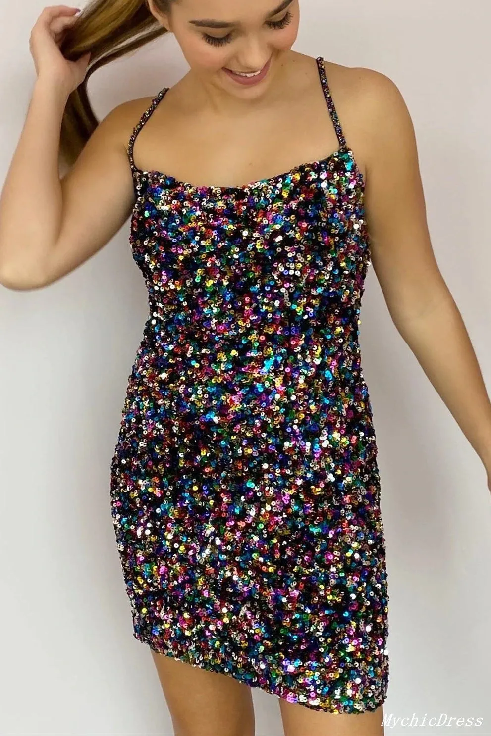 Sequin Homecoming Dresses tight Short Spaghetti Straps Mermaid Prom Dresses