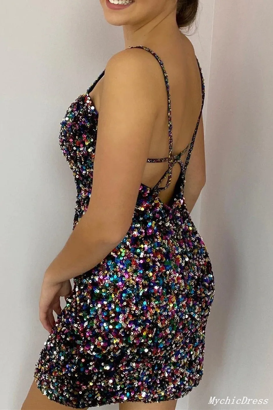 Sequin Homecoming Dresses tight Short Spaghetti Straps Mermaid Prom Dresses
