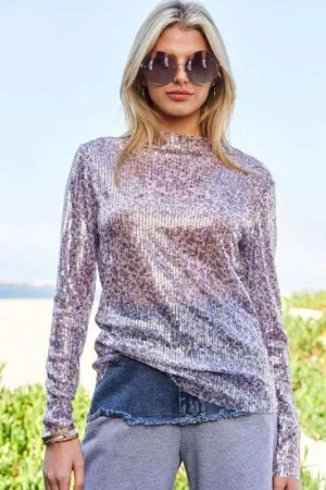 Sequin Mock Neck Long Sleeve Mesh Top in Lilac