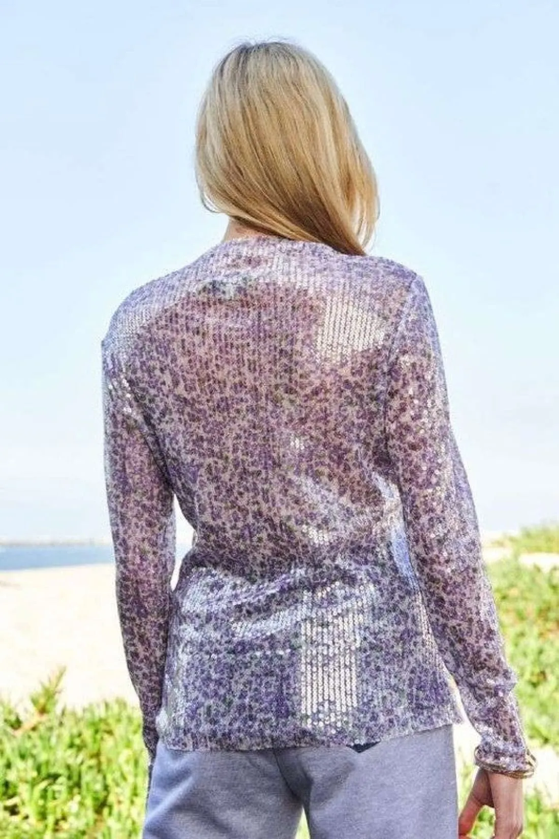 Sequin Mock Neck Long Sleeve Mesh Top in Lilac