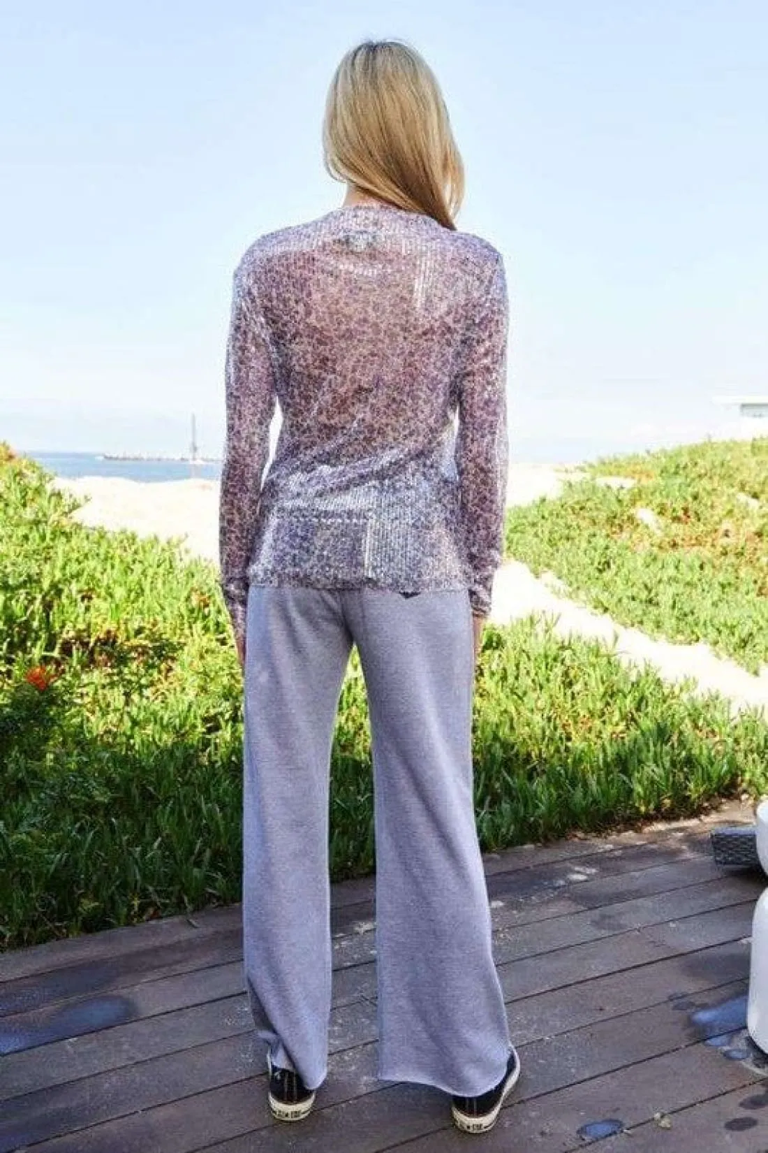 Sequin Mock Neck Long Sleeve Mesh Top in Lilac