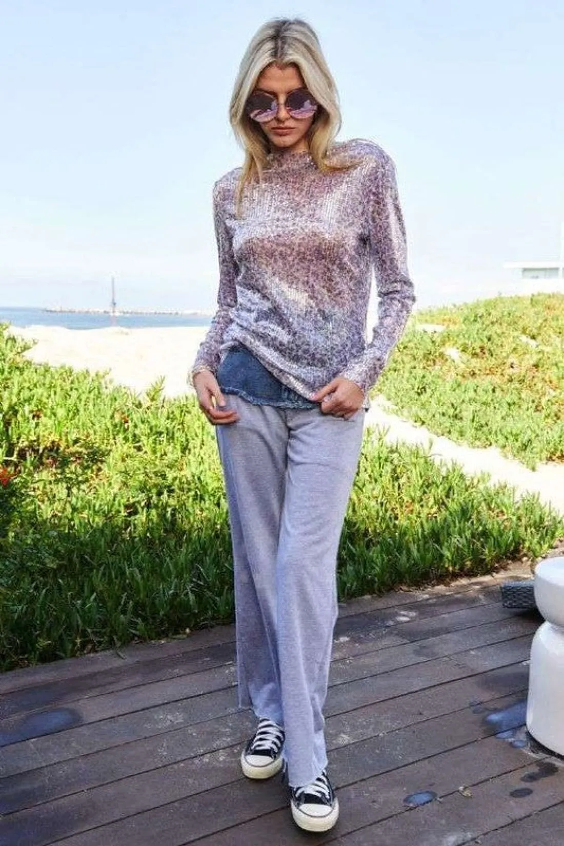 Sequin Mock Neck Long Sleeve Mesh Top in Lilac