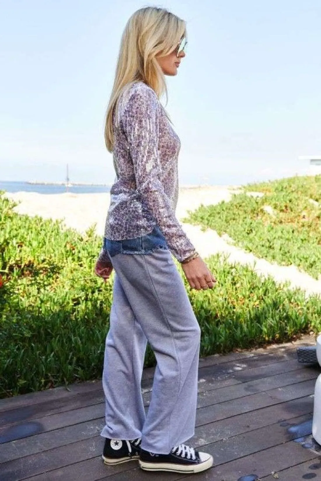 Sequin Mock Neck Long Sleeve Mesh Top in Lilac