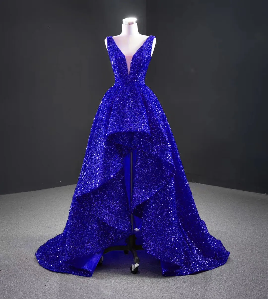 Sequins Asymmetrical Red Evening Dresses Sleeveless Deep-V Prom Formal Dress