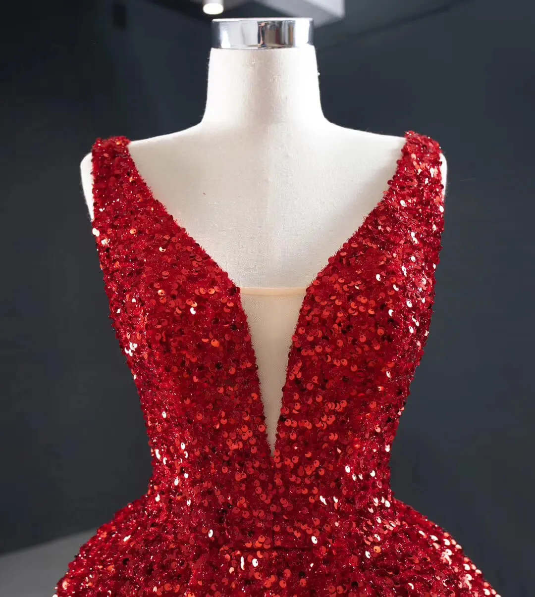 Sequins Asymmetrical Red Evening Dresses Sleeveless Deep-V Prom Formal Dress
