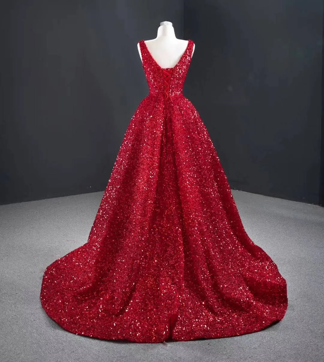 Sequins Asymmetrical Red Evening Dresses Sleeveless Deep-V Prom Formal Dress