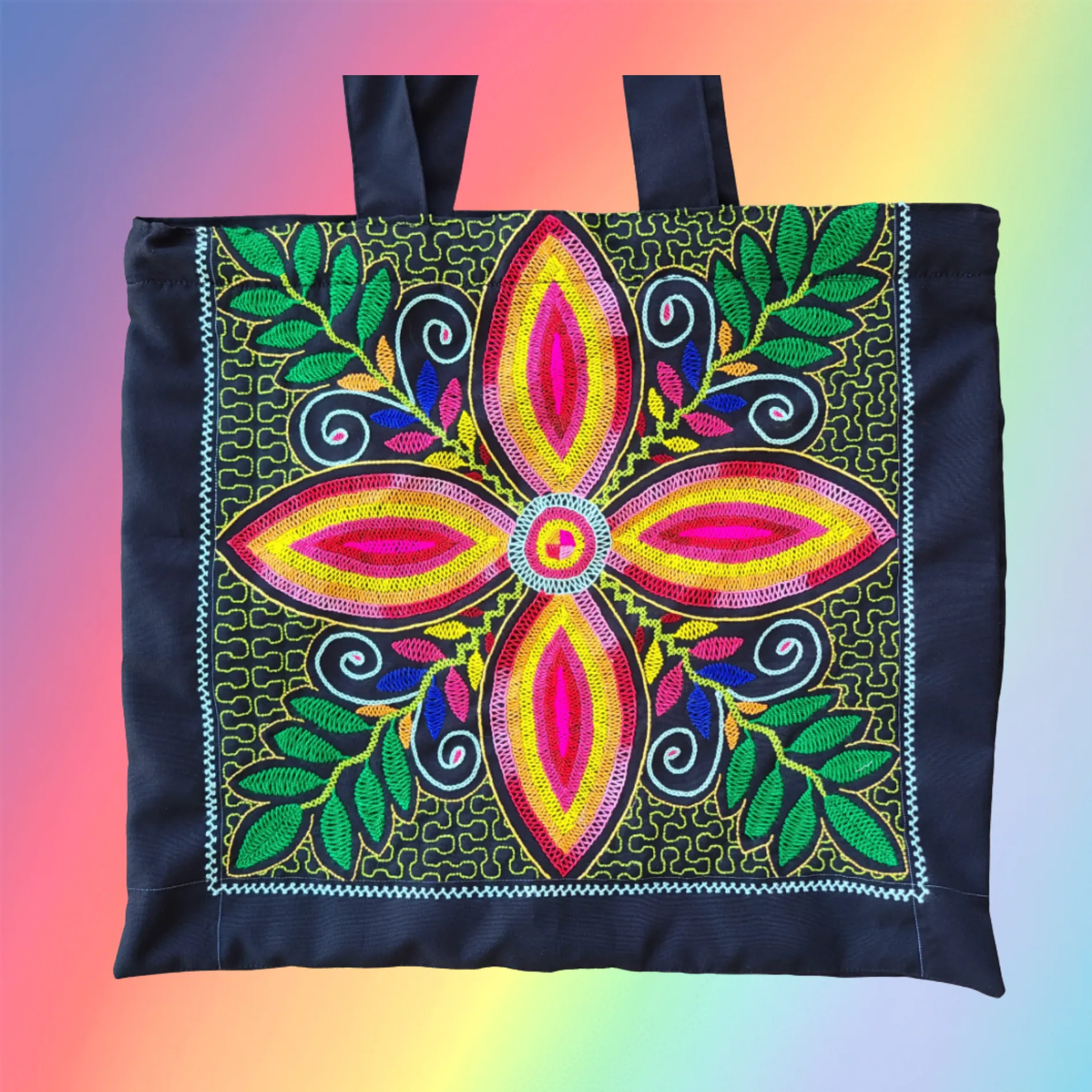 Shipibo Embroidered Sacred Tote Bag - Flor