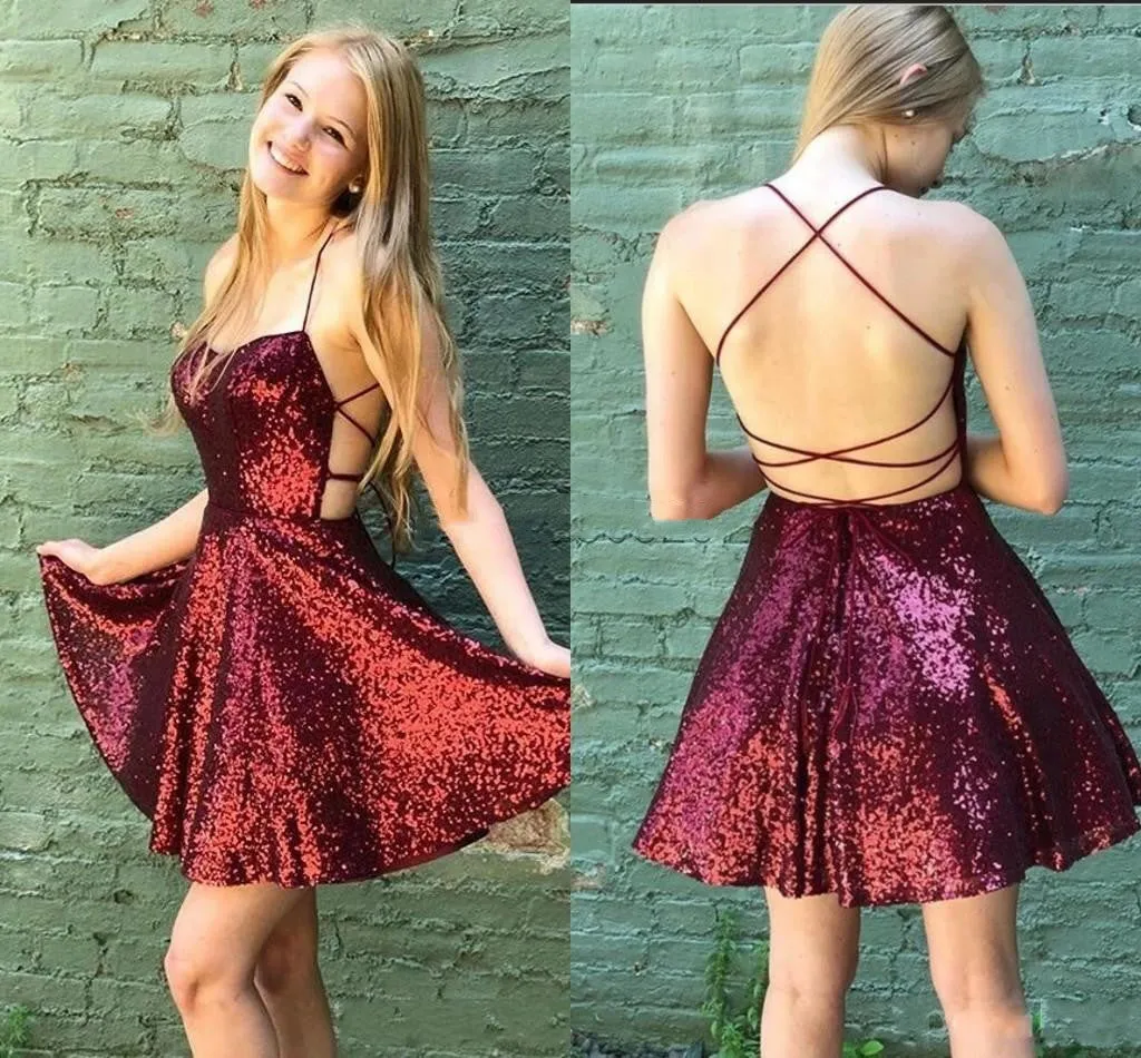 Short Burgundy Sequin Prom Dresses Mini A Line Hoco Dress Spaghetti Straps
