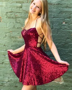 Short Burgundy Sequin Prom Dresses Mini A Line Hoco Dress Spaghetti Straps