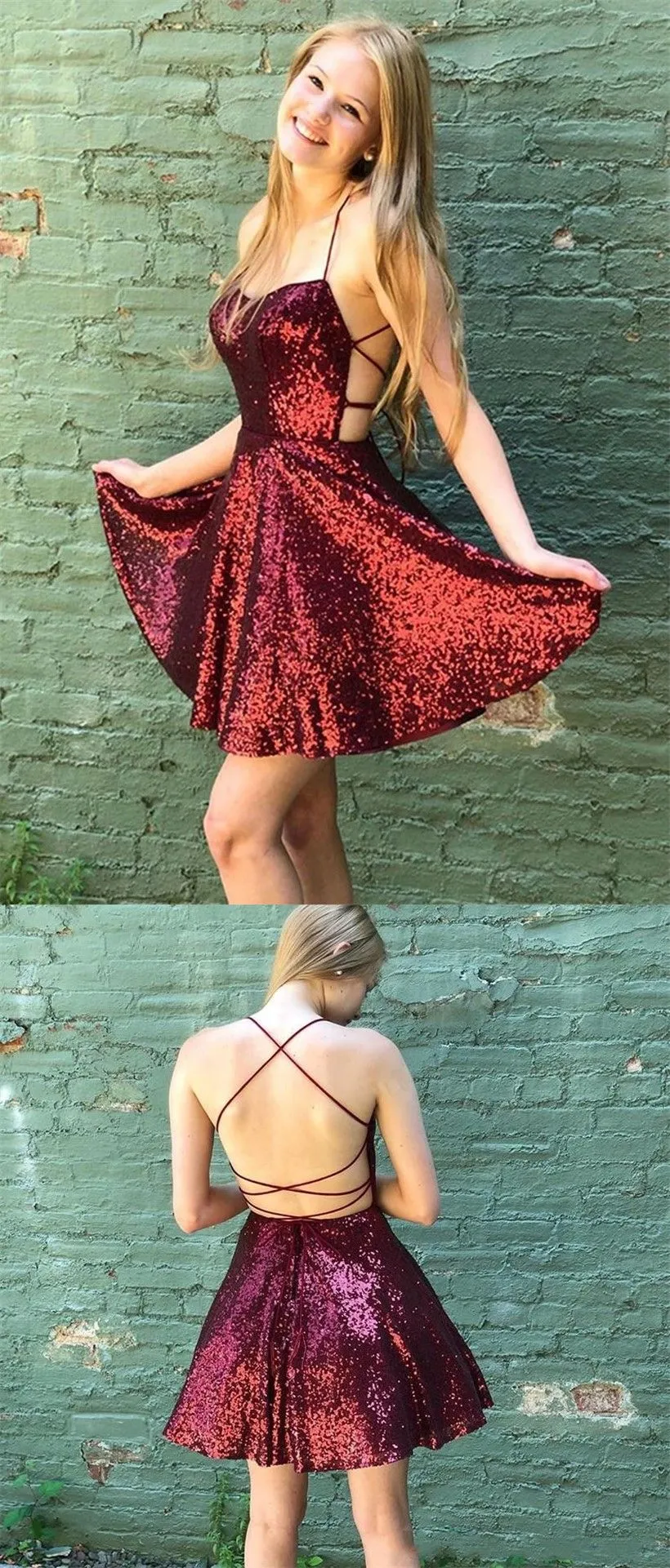 Short Burgundy Sequin Prom Dresses Mini A Line Hoco Dress Spaghetti Straps