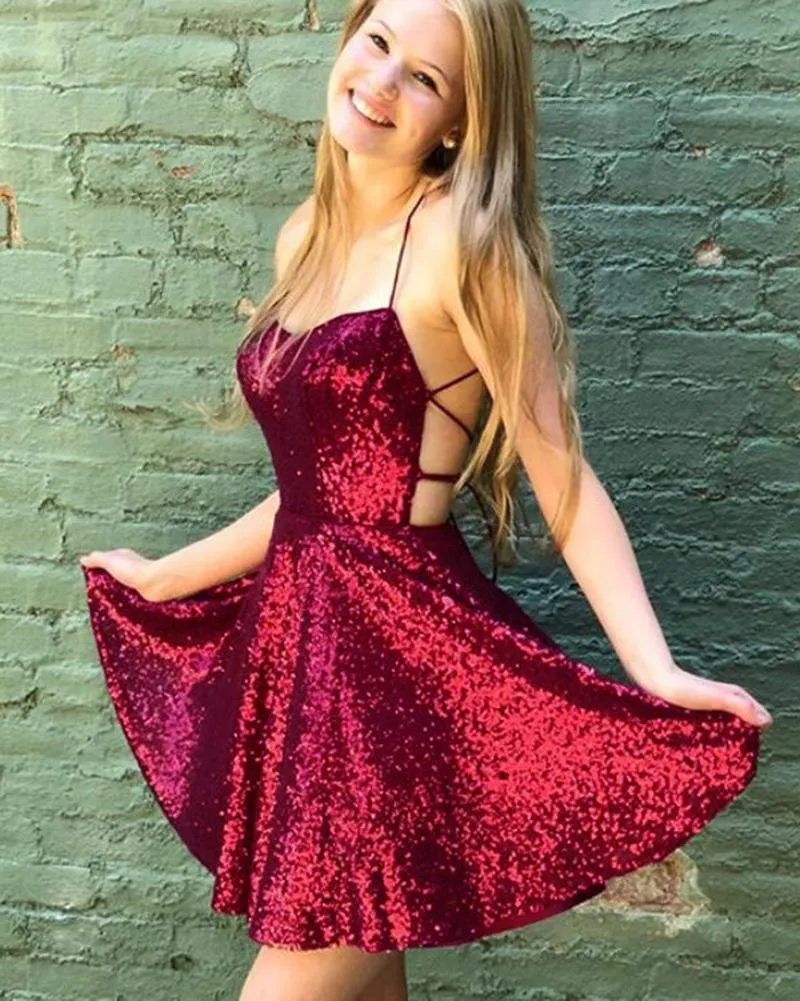 Short Burgundy Sequin Prom Dresses Mini A Line Hoco Dress Spaghetti Straps