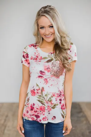 Short Sleeve Floral Glam Pocket Top- Pink & Ivory