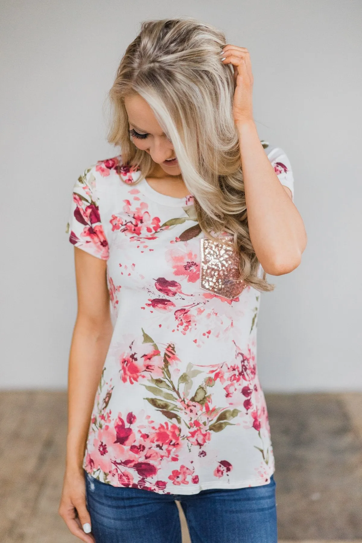 Short Sleeve Floral Glam Pocket Top- Pink & Ivory