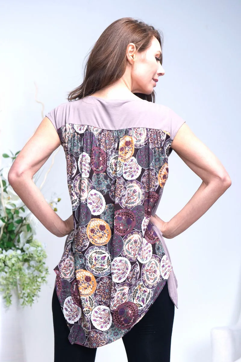 Short Sleeve Tunic Top Solid Front Printed Back*   (15572)