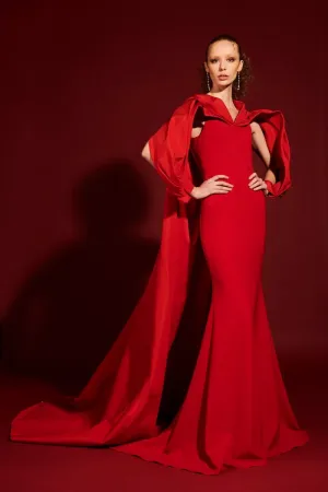 Silk Faille Wrap Sleeve Cape Gown