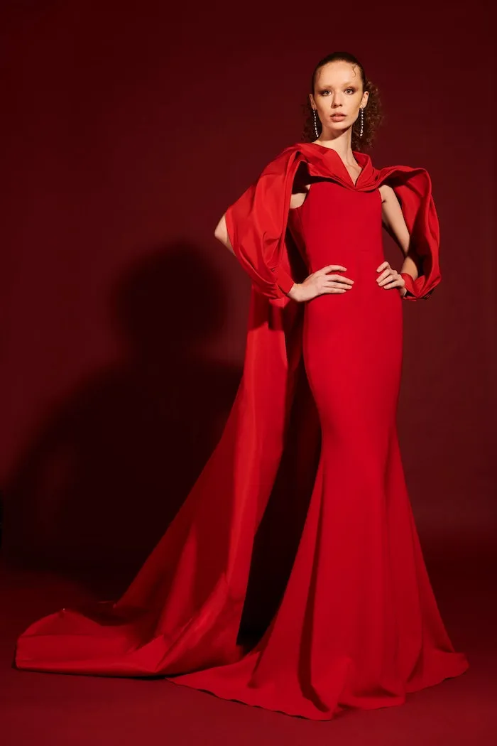 Silk Faille Wrap Sleeve Cape Gown