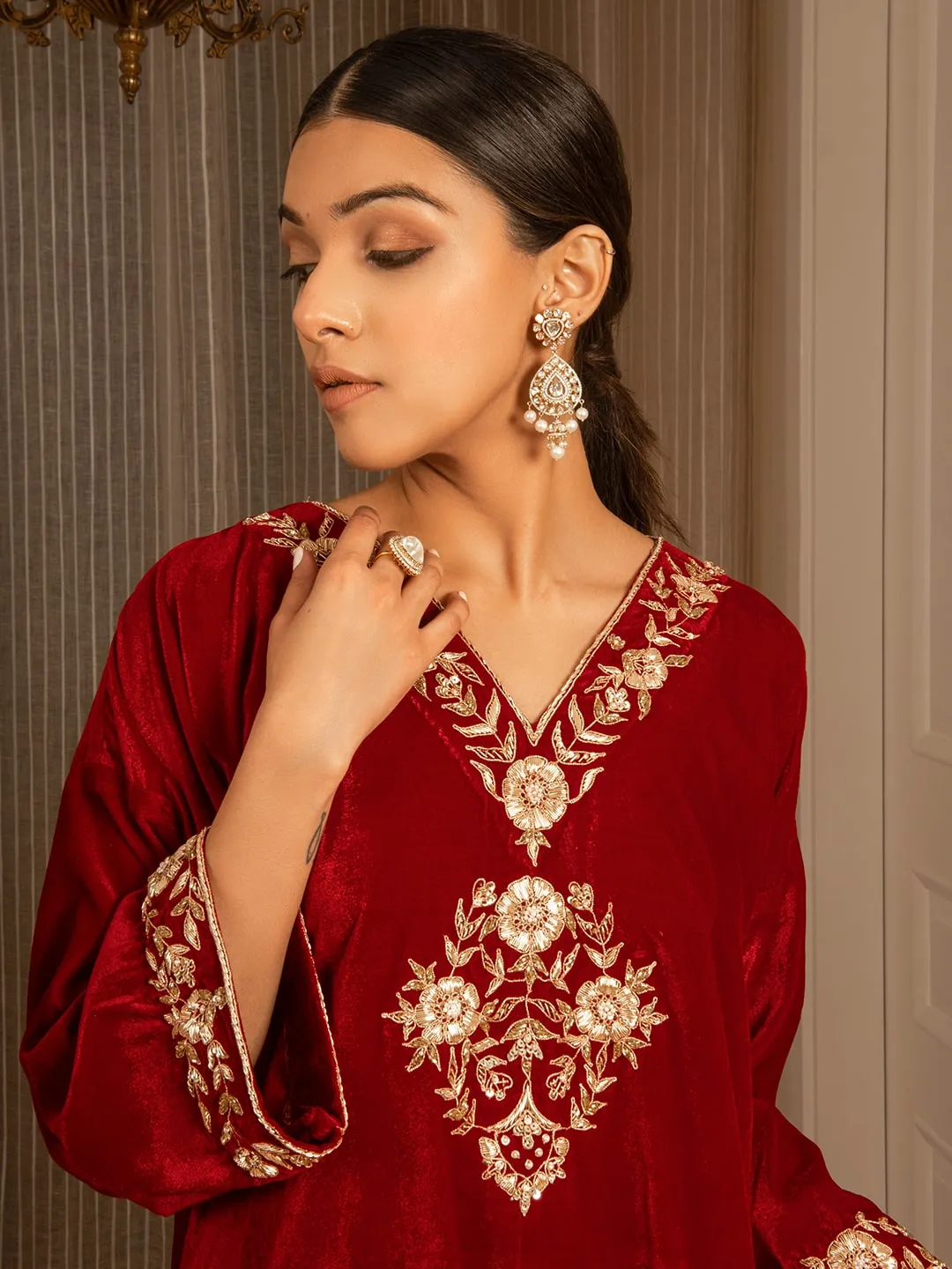 Silk Velvet Embroidered Kurta Set (Deep Red)