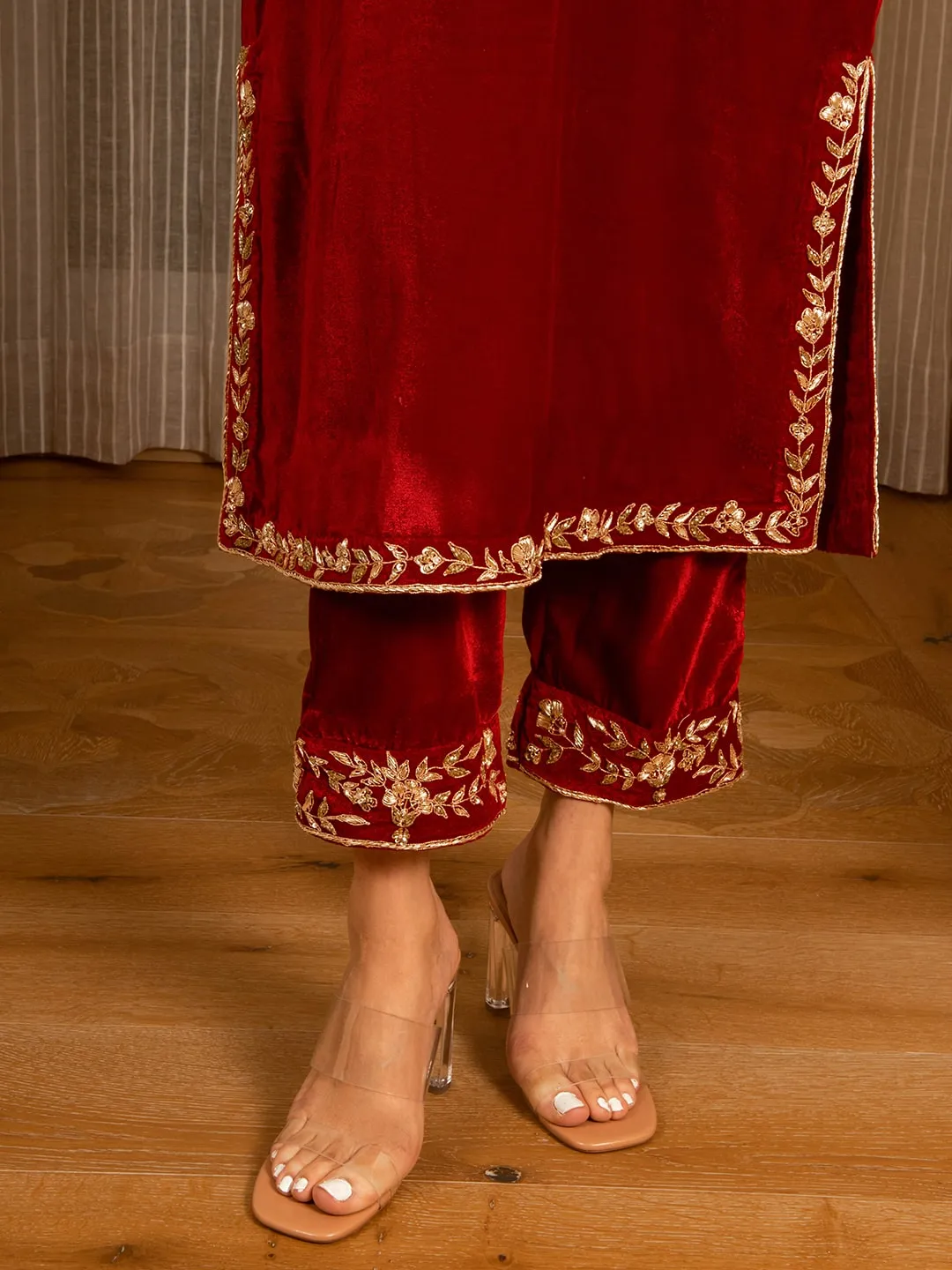 Silk Velvet Embroidered Kurta Set (Deep Red)