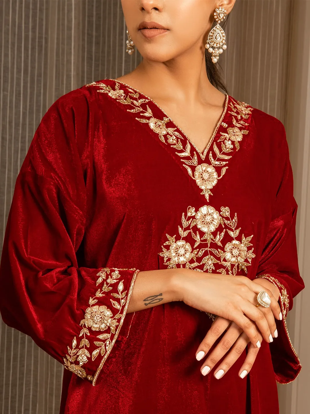 Silk Velvet Embroidered Kurta Set (Deep Red)