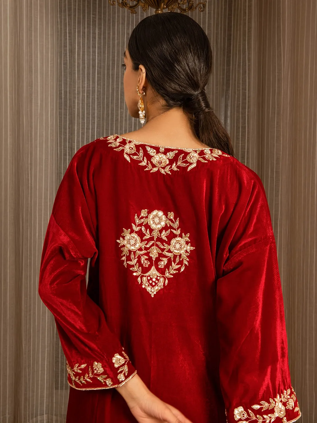 Silk Velvet Embroidered Kurta Set (Deep Red)
