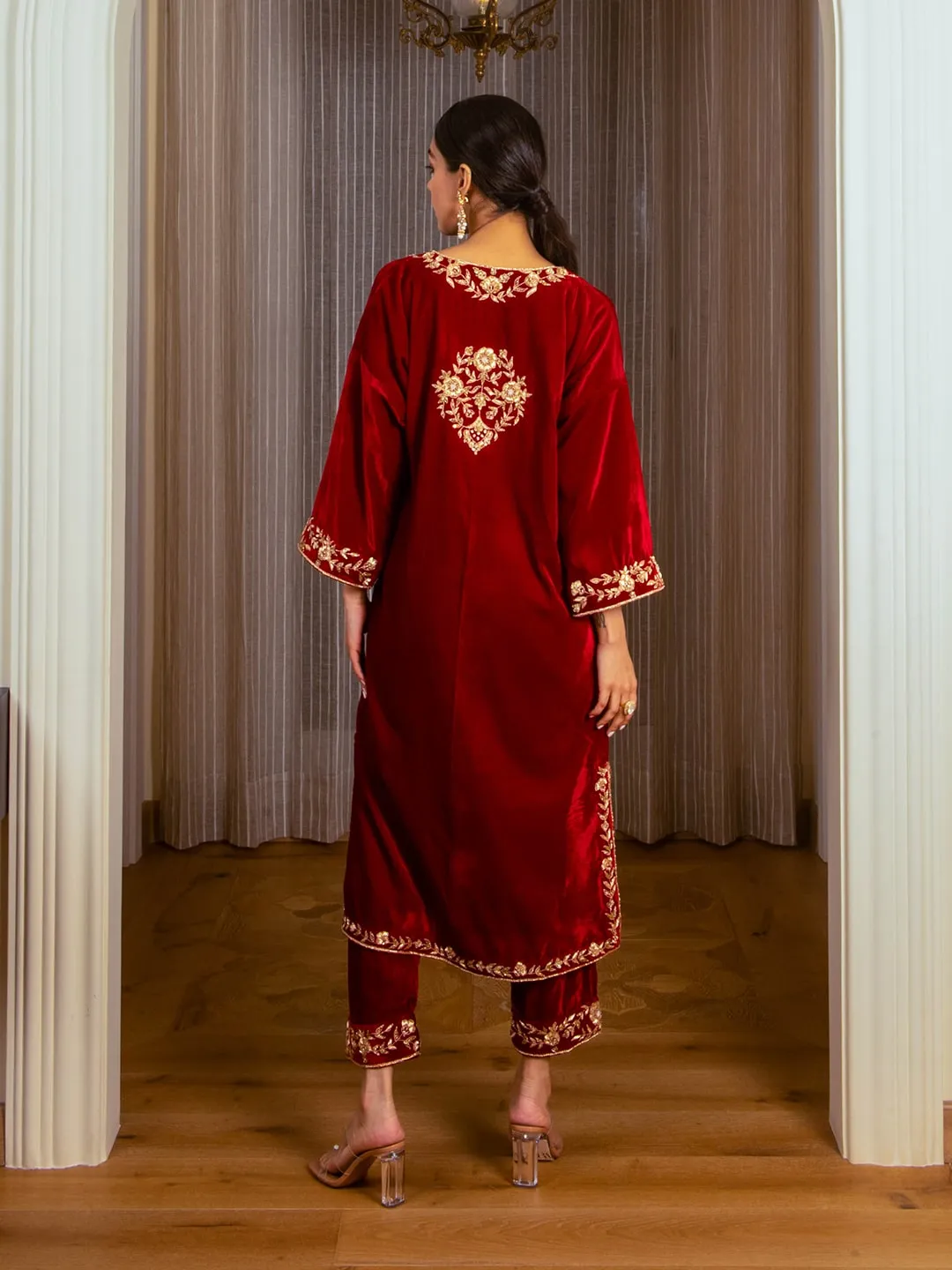 Silk Velvet Embroidered Kurta Set (Deep Red)