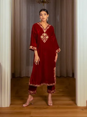 Silk Velvet Embroidered Kurta Set (Deep Red)