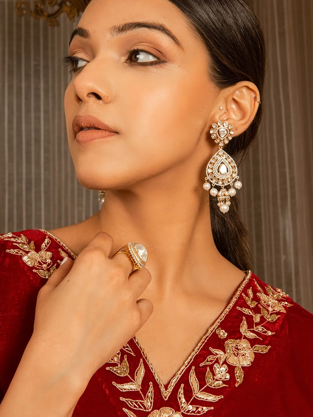 Silk Velvet Embroidered Kurta Set (Deep Red)