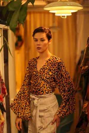 SILK WRAP TOP AURELIA DARK YELLOW LEOPARD
