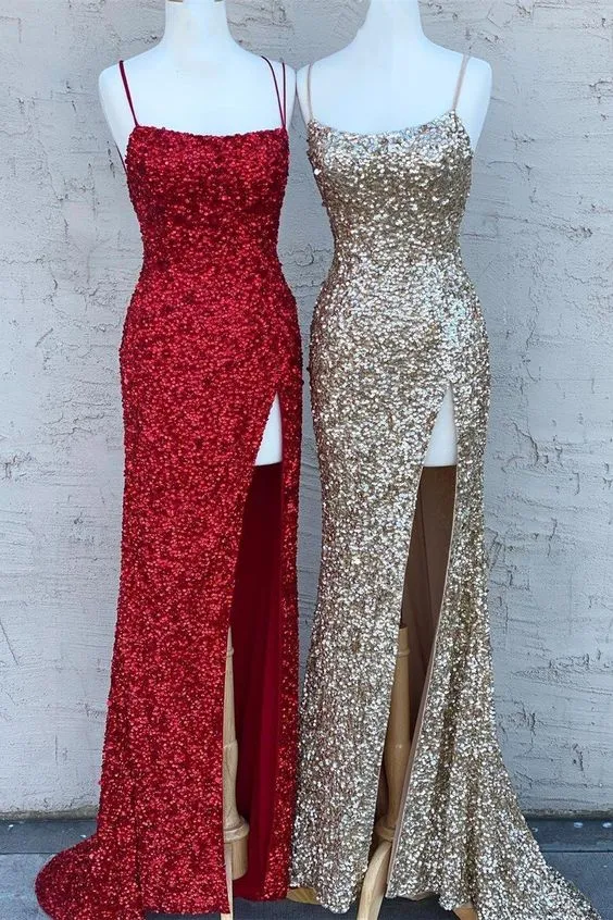 Simple Mermaid Sequin Long Evening Dresses Spaghetti Straps with Split