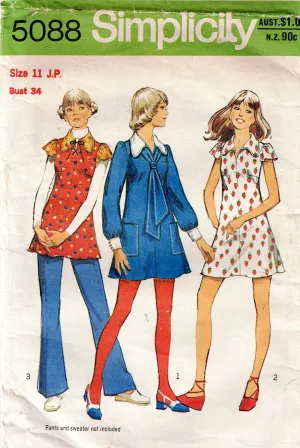 Simplicity 5088 Junior Petite Small Womens Wide Collar Mini Dress & Tunic Top 1970s Vintage Sewing Pattern Size 11JP Bust 34 inches