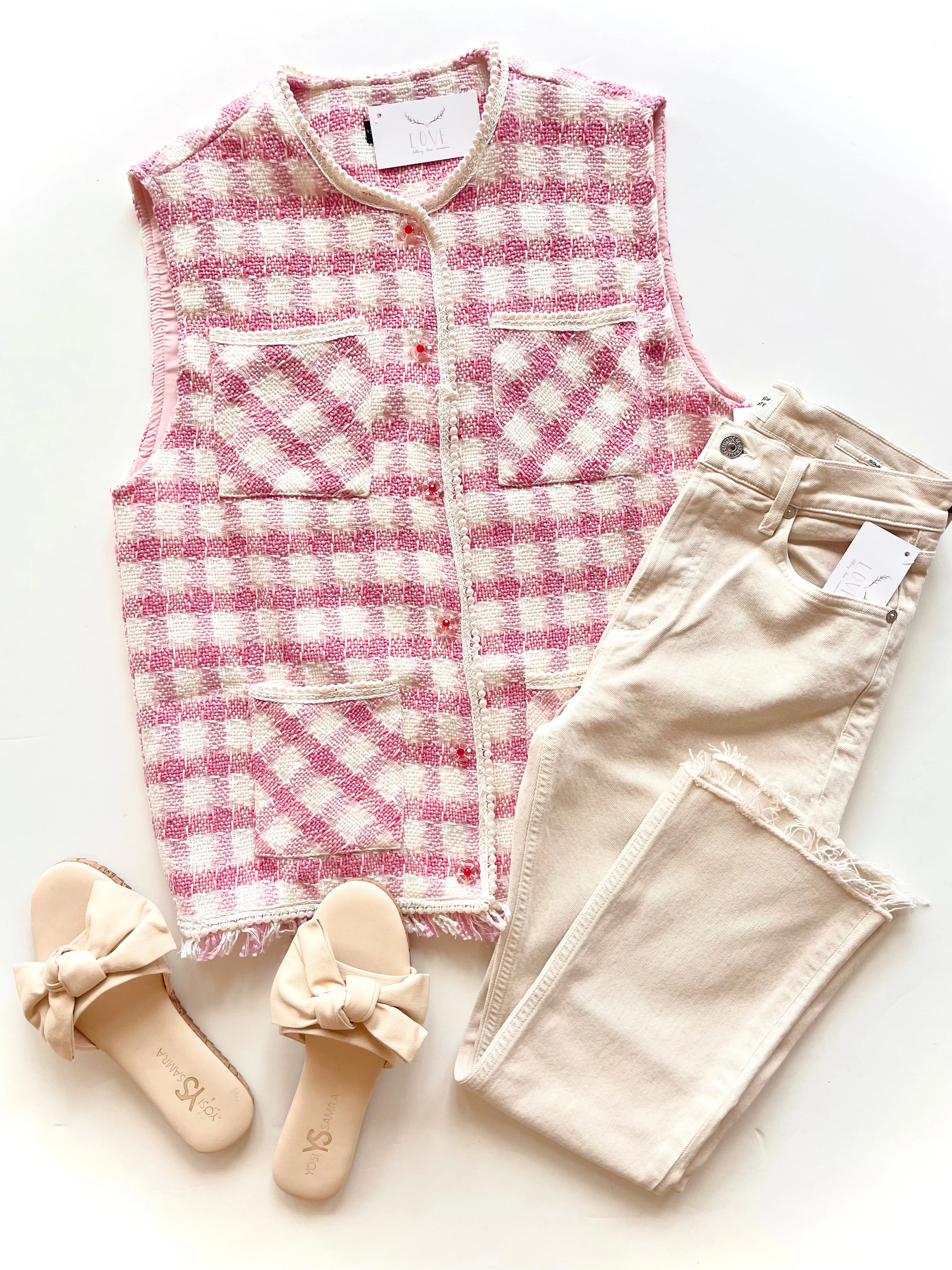 SJ117 Pink checkered tweed vest
