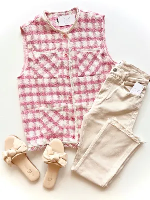 SJ117 Pink checkered tweed vest