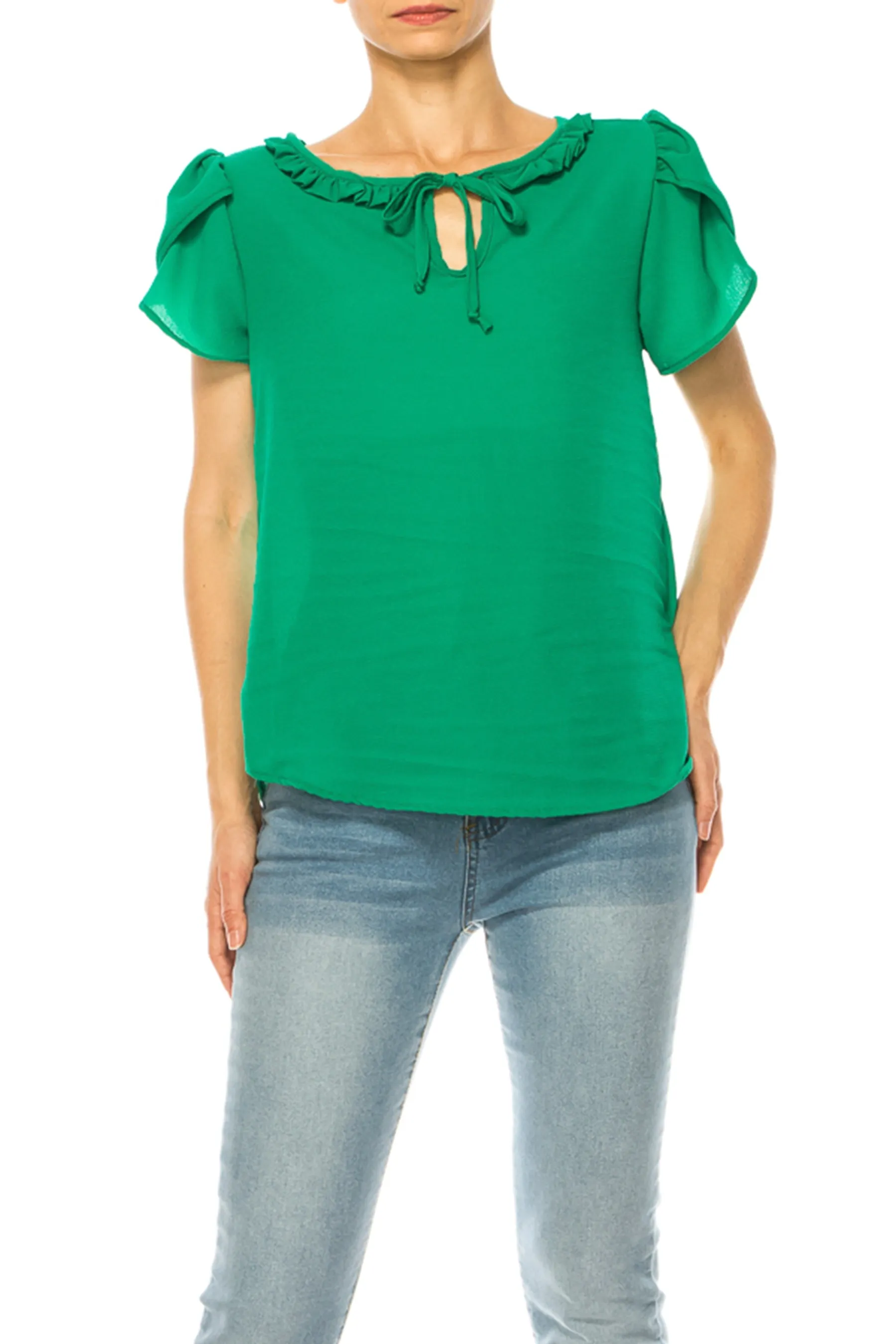 Solid Overlapping Short Sleeve Top with Front Keyhole B82901 $9.50Each